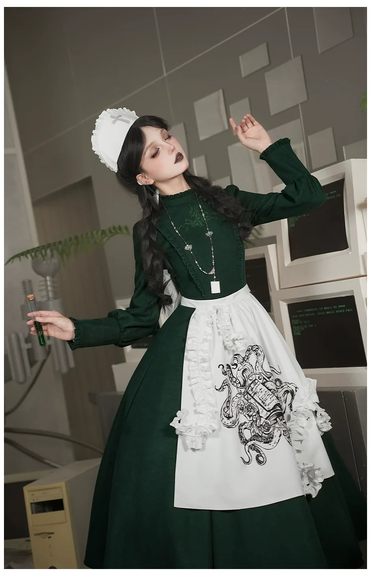 Abyss Clinic - Gothic Lolita Green Dress Set, Embroidery Accent - Image 24