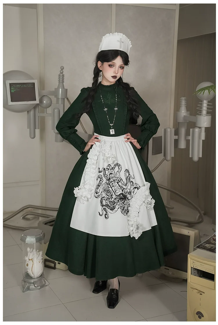 Abyss Clinic - Gothic Lolita Green Dress Set, Embroidery Accent - Image 26