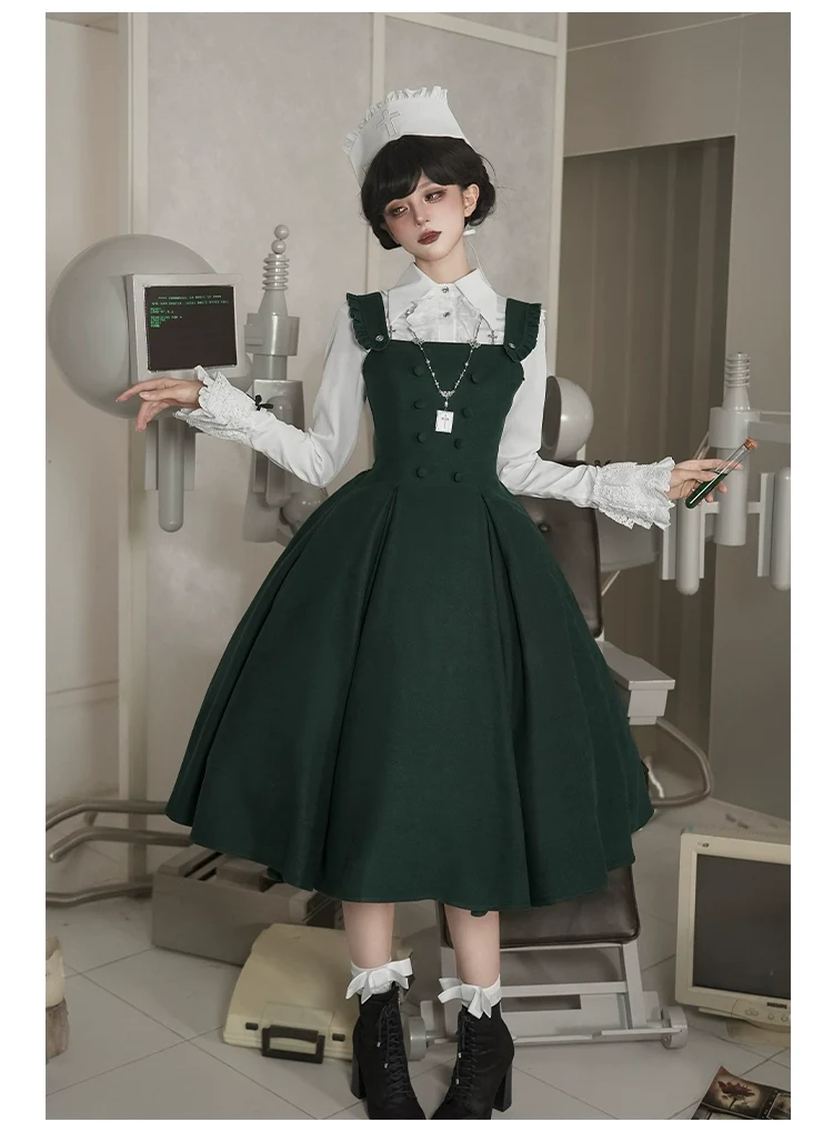 Abyss Clinic - Gothic Lolita Green Dress Set, Embroidery Accent - Image 33