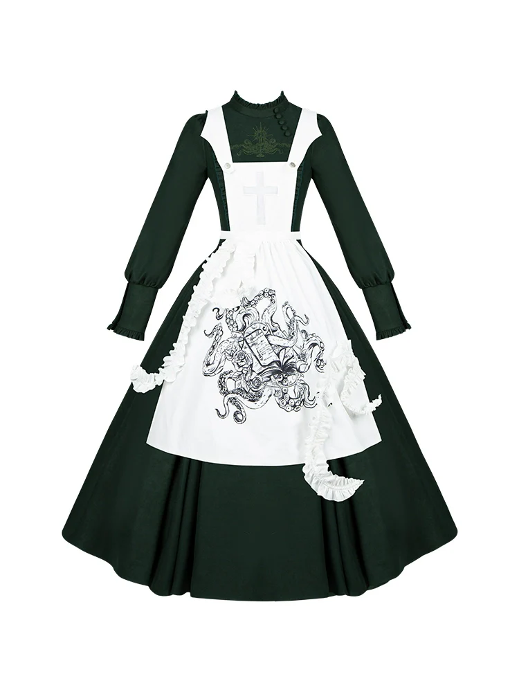 Abyss Clinic - Gothic Lolita Green Dress Set, Embroidery Accent - Image 36
