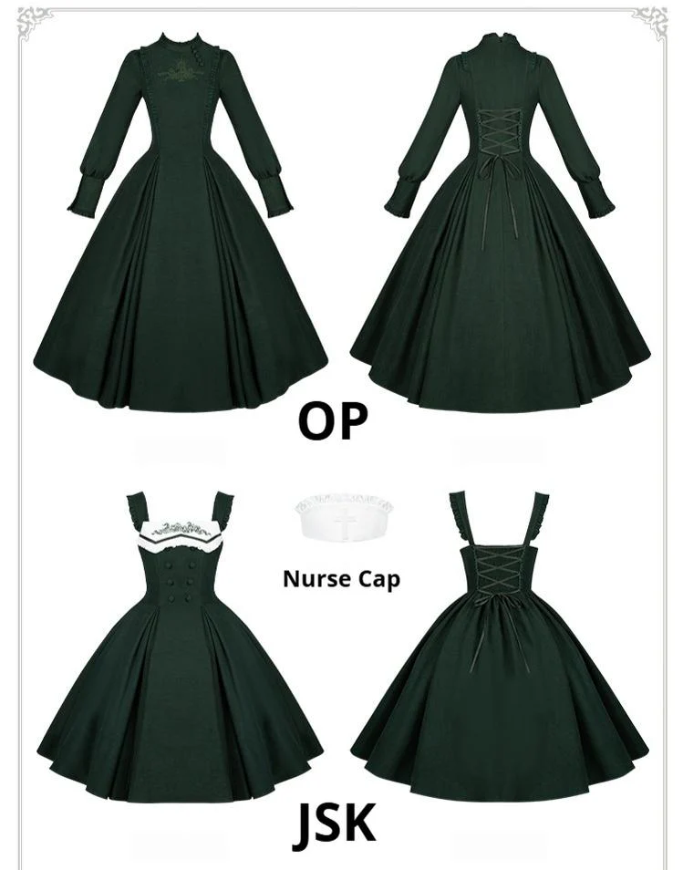 Abyss Clinic - Gothic Lolita Green Dress Set, Embroidery Accent - Image 7