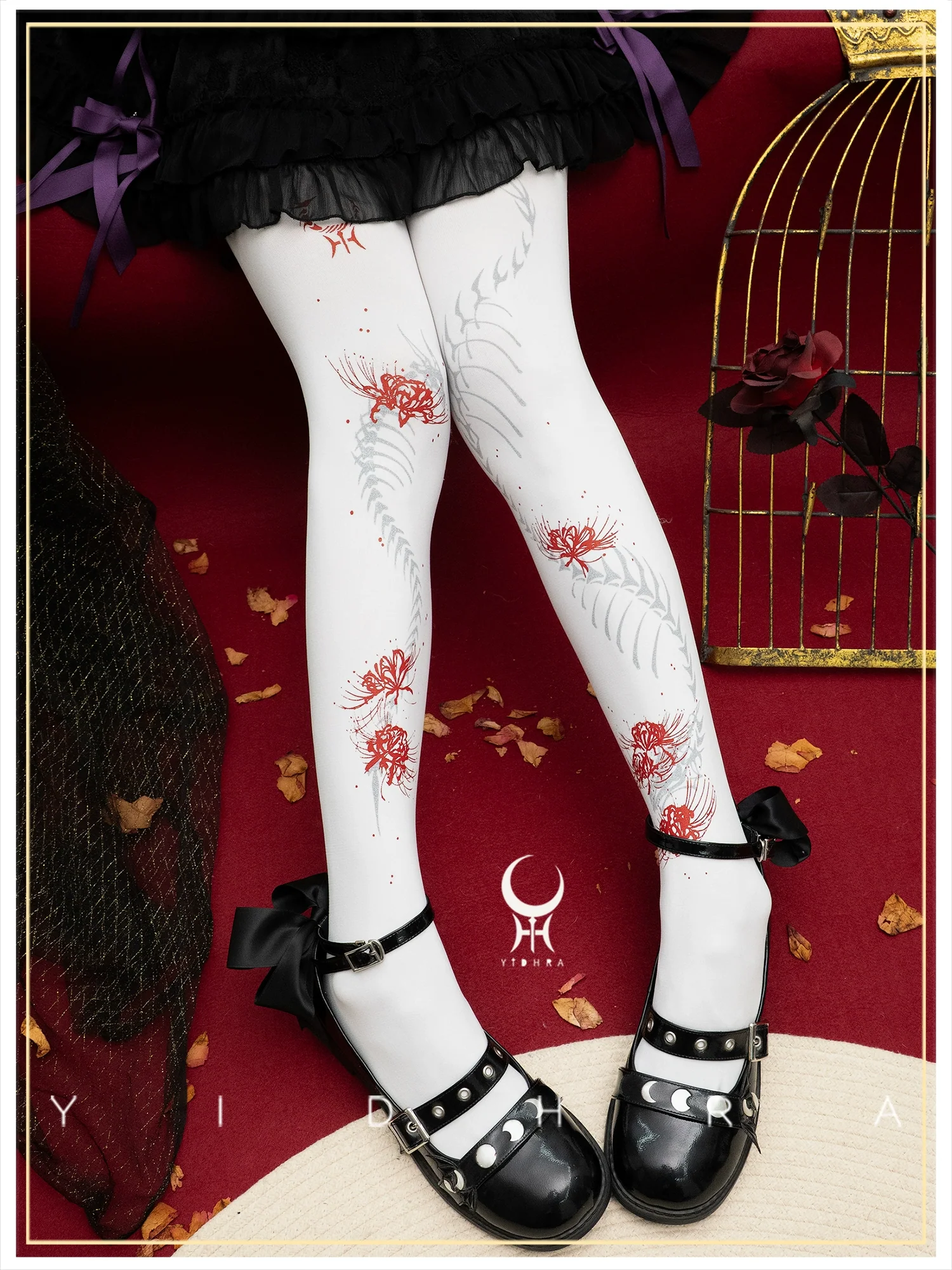 Dragon Abyss - Halloween Gothic Lolita Pantyhose, Red Spider Lily Print - Image 6