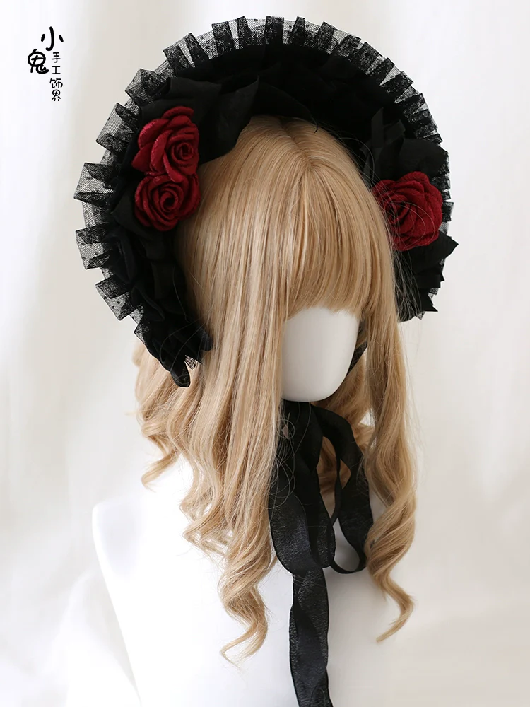 Xiaogui - Gothic Lolita Black Lace Flowers Bonnet - Image 10