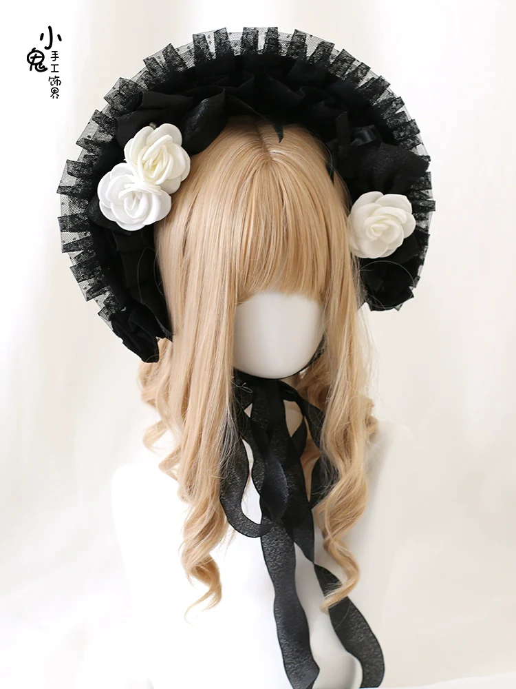 Xiaogui - Gothic Lolita Black Lace Flowers Bonnet - Image 11