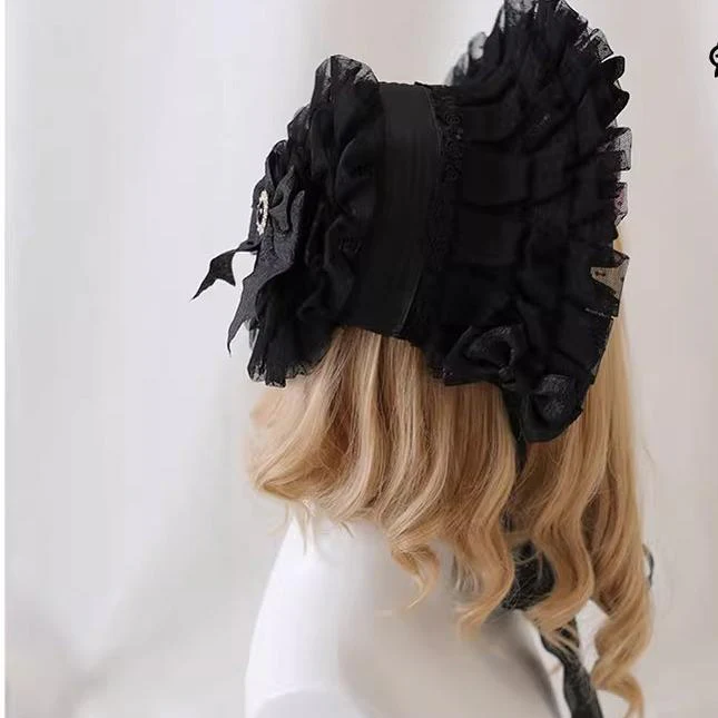 Xiaogui - Gothic Lolita Black Lace Flowers Bonnet - Image 12