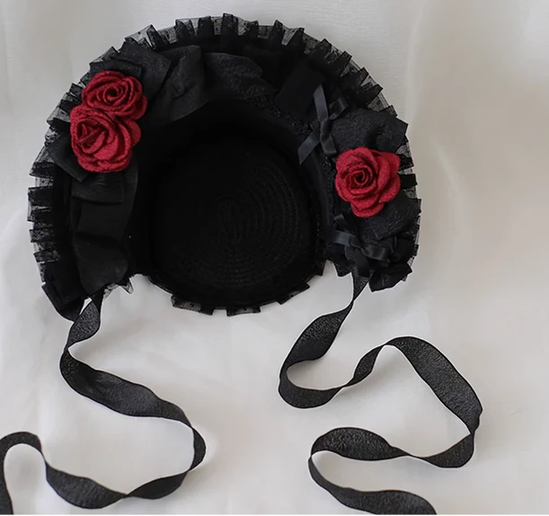 Xiaogui - Gothic Lolita Black Lace Flowers Bonnet - Image 14