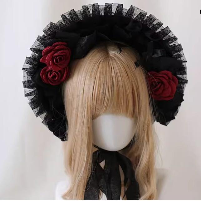 Xiaogui - Gothic Lolita Black Lace Flowers Bonnet - Image 3