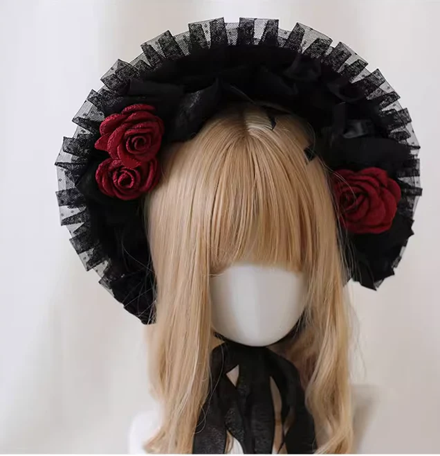 Xiaogui - Gothic Lolita Black Lace Flowers Bonnet - Image 4