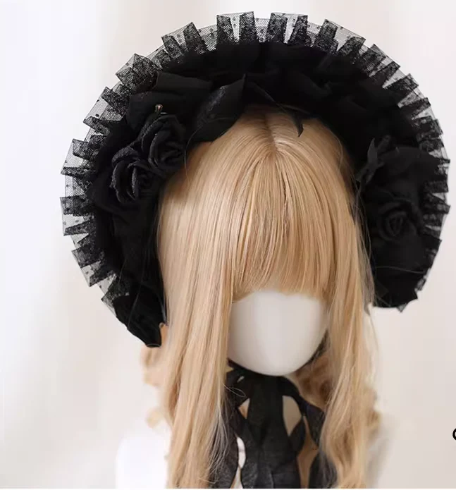 Xiaogui - Gothic Lolita Black Lace Flowers Bonnet - Image 5