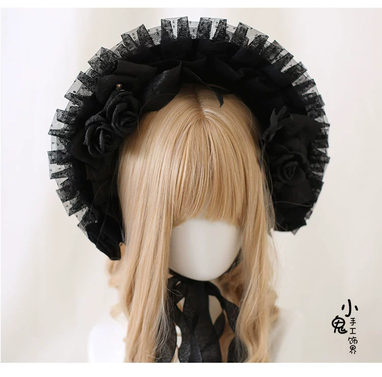 Xiaogui - Gothic Lolita Black Lace Flowers Bonnet - Image 6