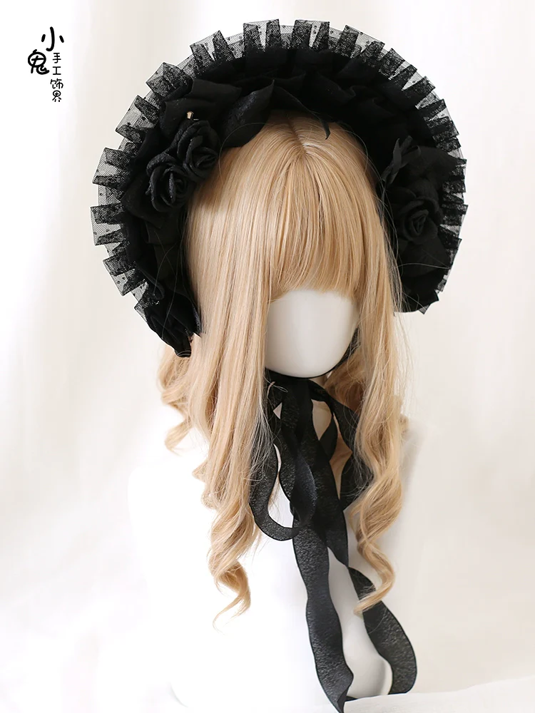 Xiaogui - Gothic Lolita Black Lace Flowers Bonnet - Image 7