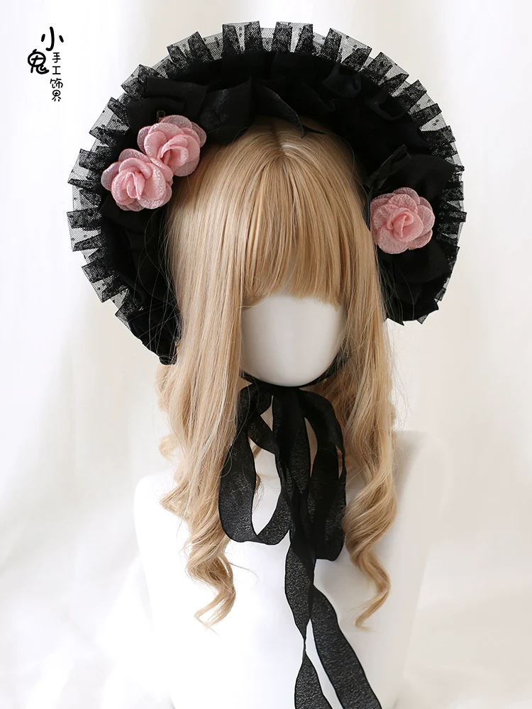 Xiaogui - Gothic Lolita Black Lace Flowers Bonnet - Image 8