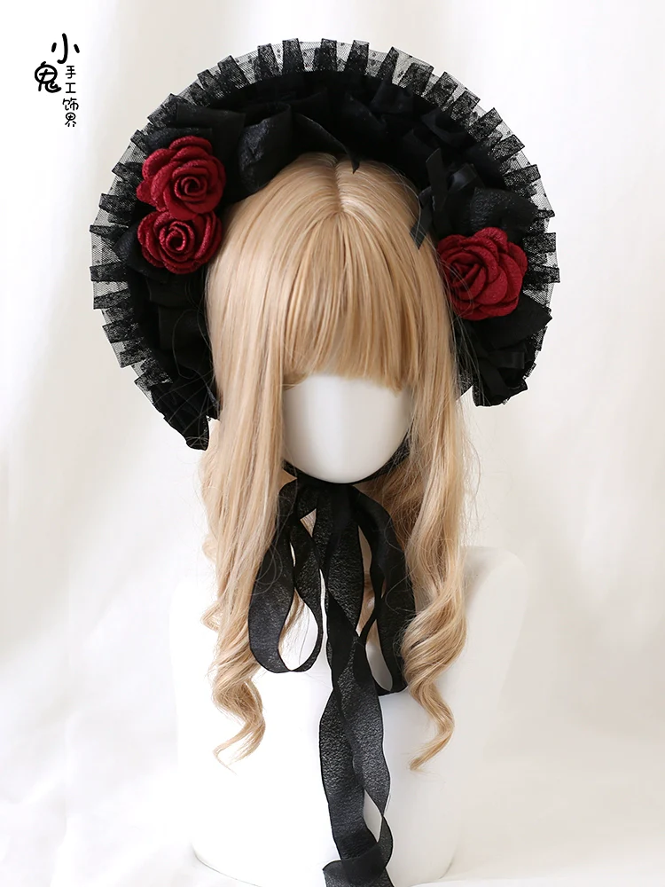 Xiaogui - Gothic Lolita Black Lace Flowers Bonnet - Image 9