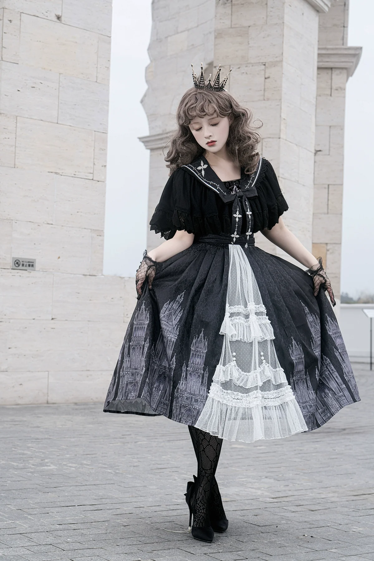 Silent Church - Gothic Lolita JSK Dress Printed Dress Thin Shawl Set