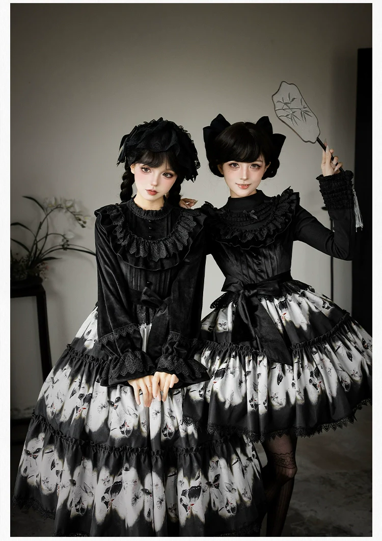With PUJI - Dead Leaf Butterfly - Gothic Lolita JSK & OP Dress Set, Butterfly Print - Image 10
