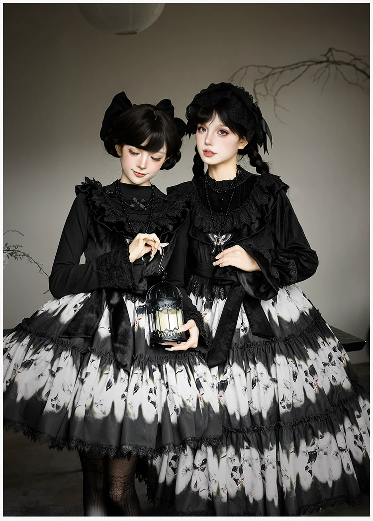 With PUJI - Dead Leaf Butterfly - Gothic Lolita JSK & OP Dress Set, Butterfly Print - Image 11
