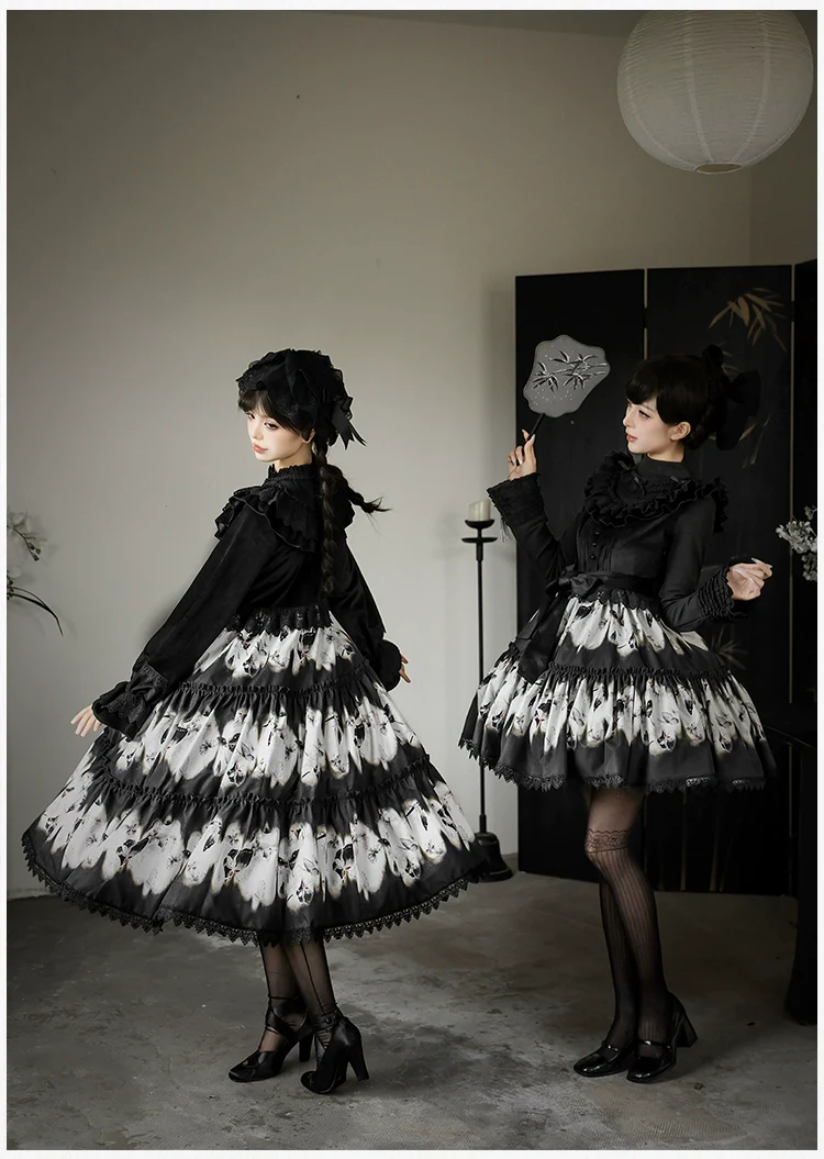 With PUJI - Dead Leaf Butterfly - Gothic Lolita JSK & OP Dress Set, Butterfly Print - Image 12