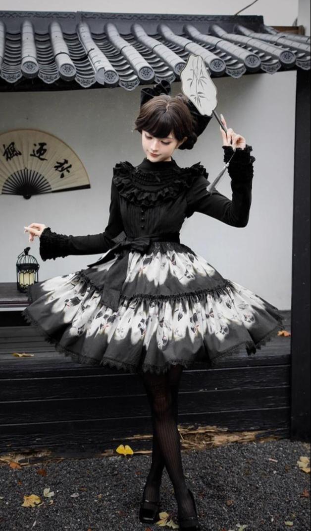 With PUJI - Dead Leaf Butterfly - Gothic Lolita JSK & OP Dress Set, Butterfly Print - Image 13