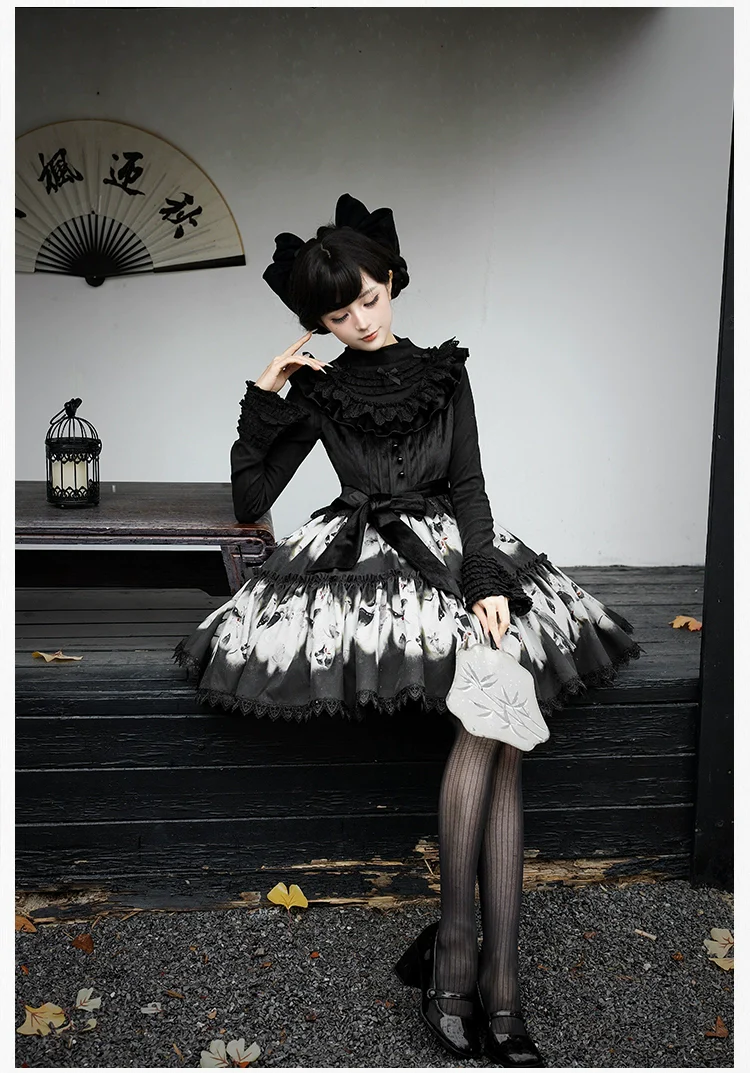 With PUJI - Dead Leaf Butterfly - Gothic Lolita JSK & OP Dress Set, Butterfly Print - Image 14