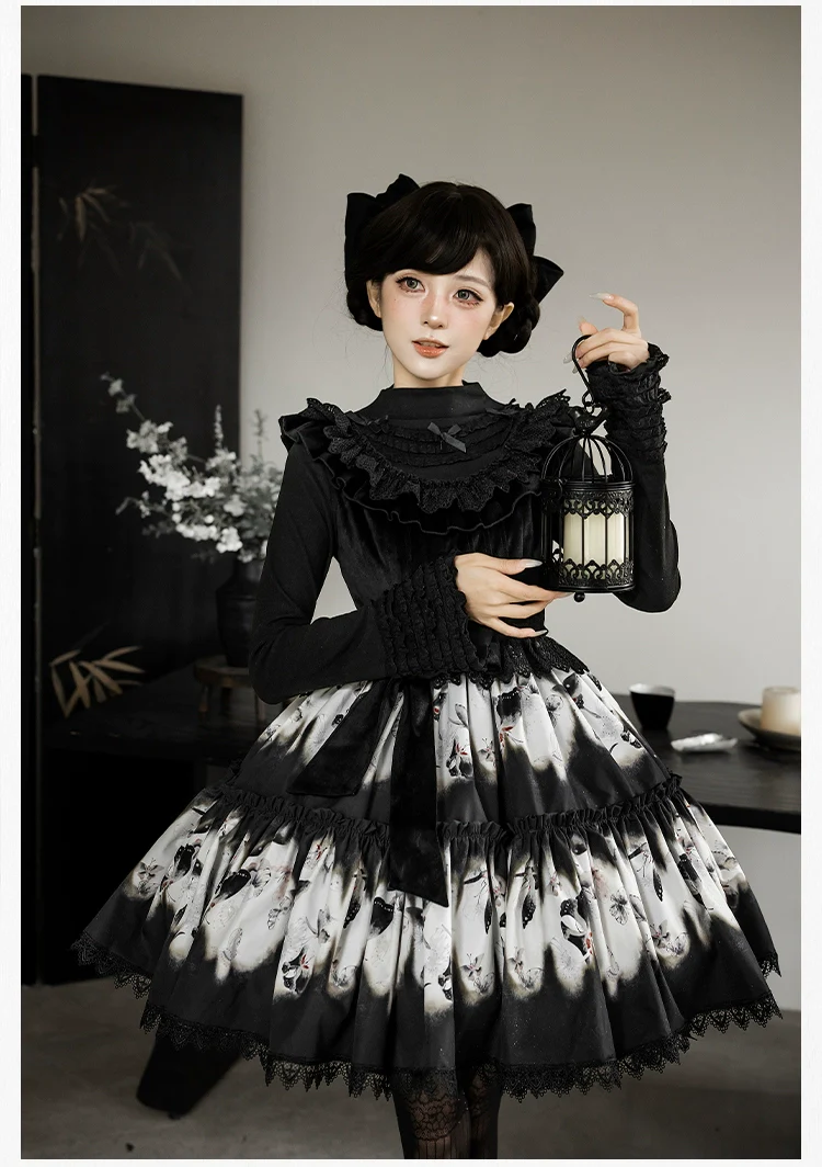 With PUJI - Dead Leaf Butterfly - Gothic Lolita JSK & OP Dress Set, Butterfly Print - Image 15