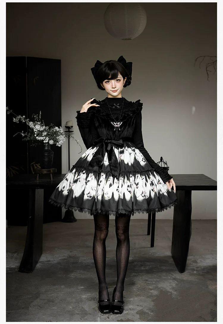With PUJI - Dead Leaf Butterfly - Gothic Lolita JSK & OP Dress Set, Butterfly Print - Image 16