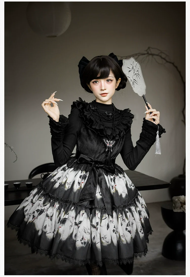 With PUJI - Dead Leaf Butterfly - Gothic Lolita JSK & OP Dress Set, Butterfly Print - Image 17