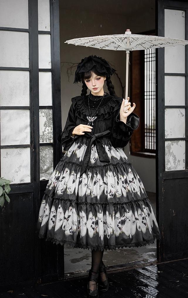 With PUJI - Dead Leaf Butterfly - Gothic Lolita JSK & OP Dress Set, Butterfly Print - Image 18