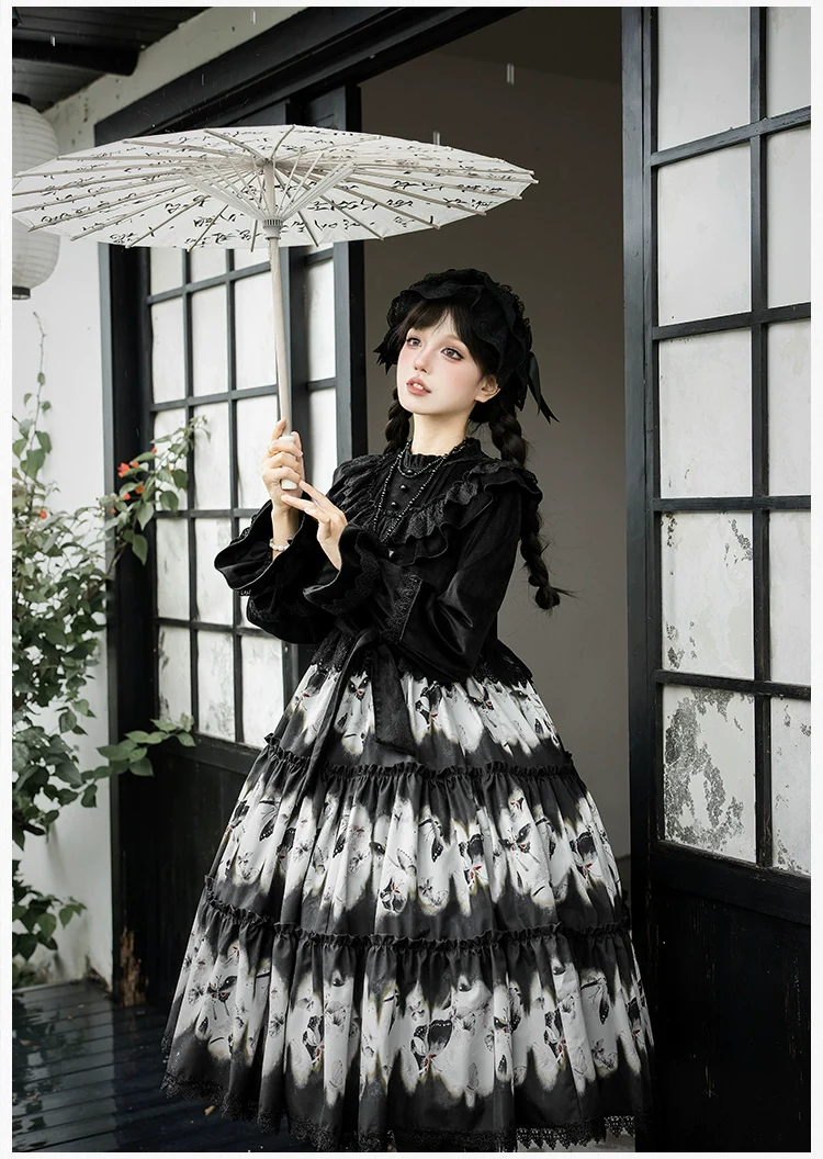 With PUJI - Dead Leaf Butterfly - Gothic Lolita JSK & OP Dress Set, Butterfly Print - Image 19