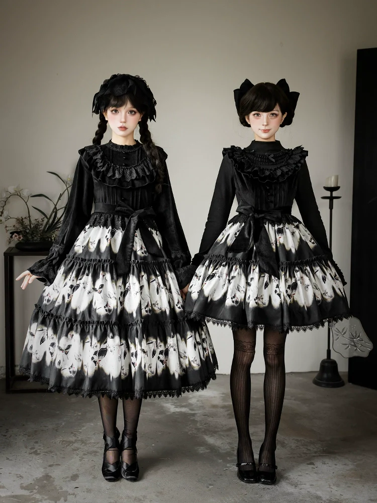 With PUJI - Dead Leaf Butterfly - Gothic Lolita JSK & OP Dress Set, Butterfly Print - Image 2
