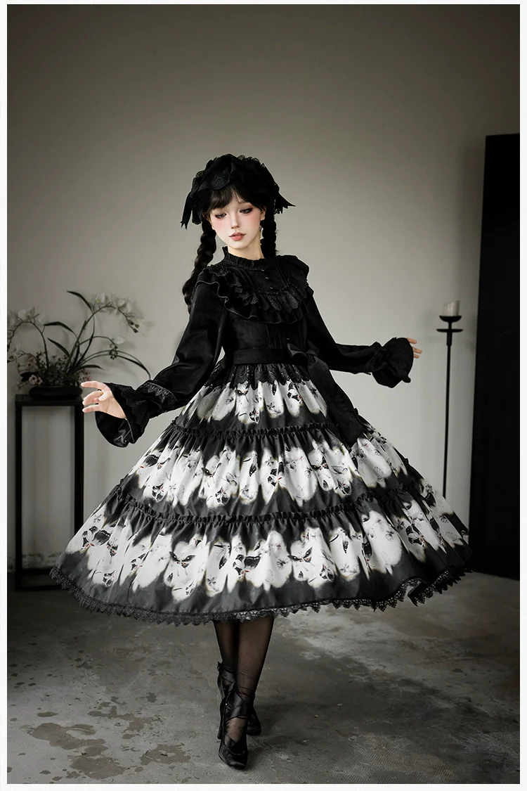 With PUJI - Dead Leaf Butterfly - Gothic Lolita JSK & OP Dress Set, Butterfly Print - Image 20