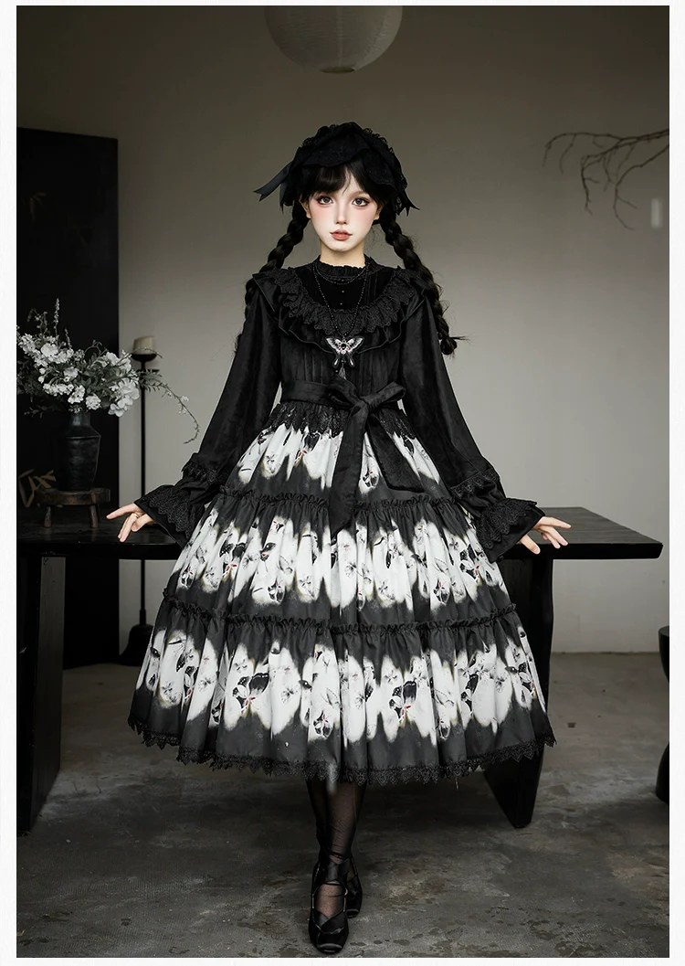With PUJI - Dead Leaf Butterfly - Gothic Lolita JSK & OP Dress Set, Butterfly Print - Image 21