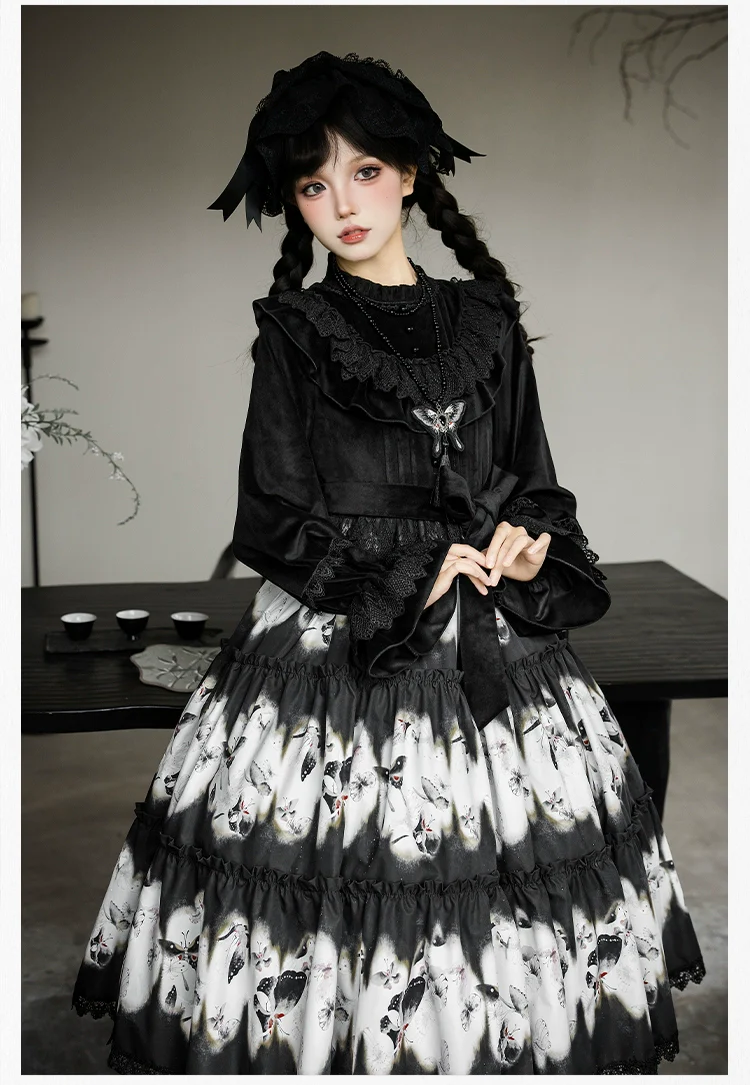 With PUJI - Dead Leaf Butterfly - Gothic Lolita JSK & OP Dress Set, Butterfly Print - Image 22