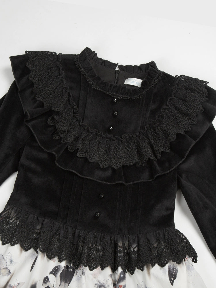 With PUJI - Dead Leaf Butterfly - Gothic Lolita JSK & OP Dress Set, Butterfly Print - Image 23