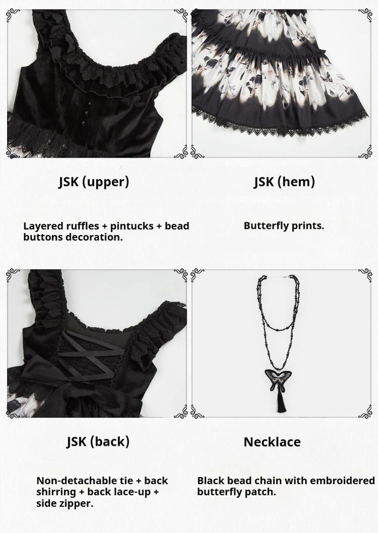 With PUJI - Dead Leaf Butterfly - Gothic Lolita JSK & OP Dress Set, Butterfly Print - Image 28