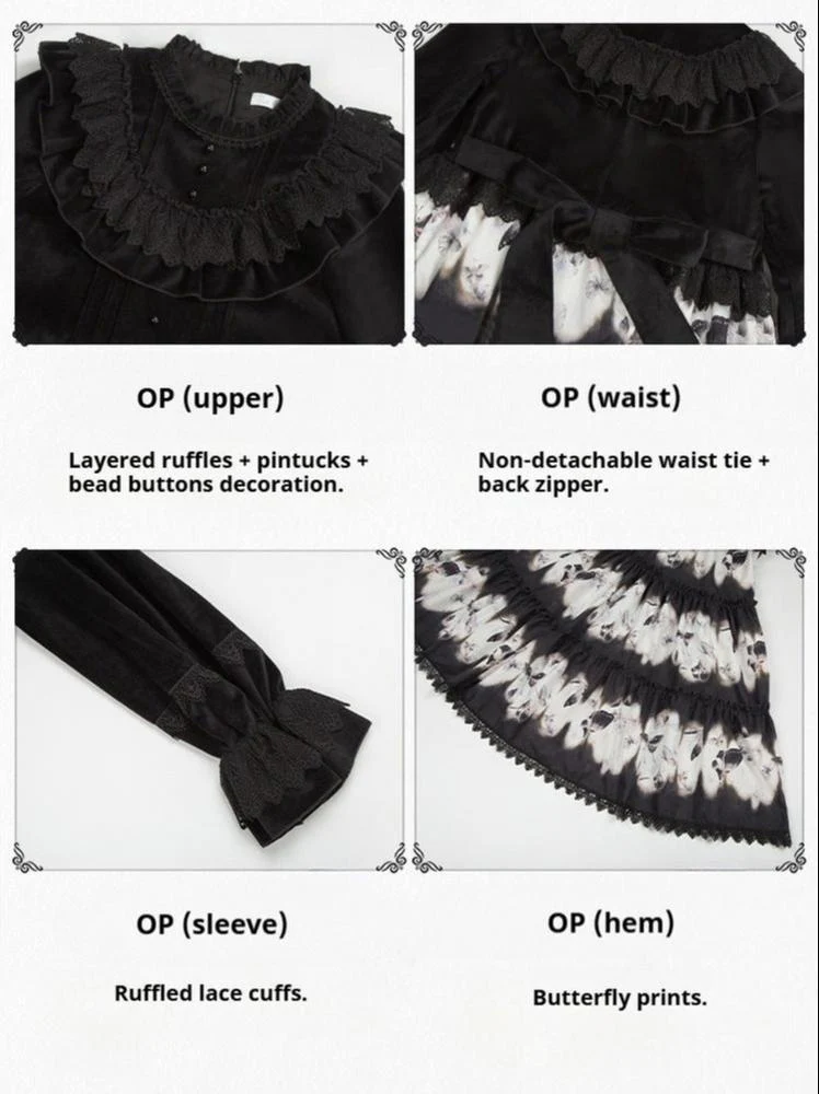 With PUJI - Dead Leaf Butterfly - Gothic Lolita JSK & OP Dress Set, Butterfly Print - Image 29