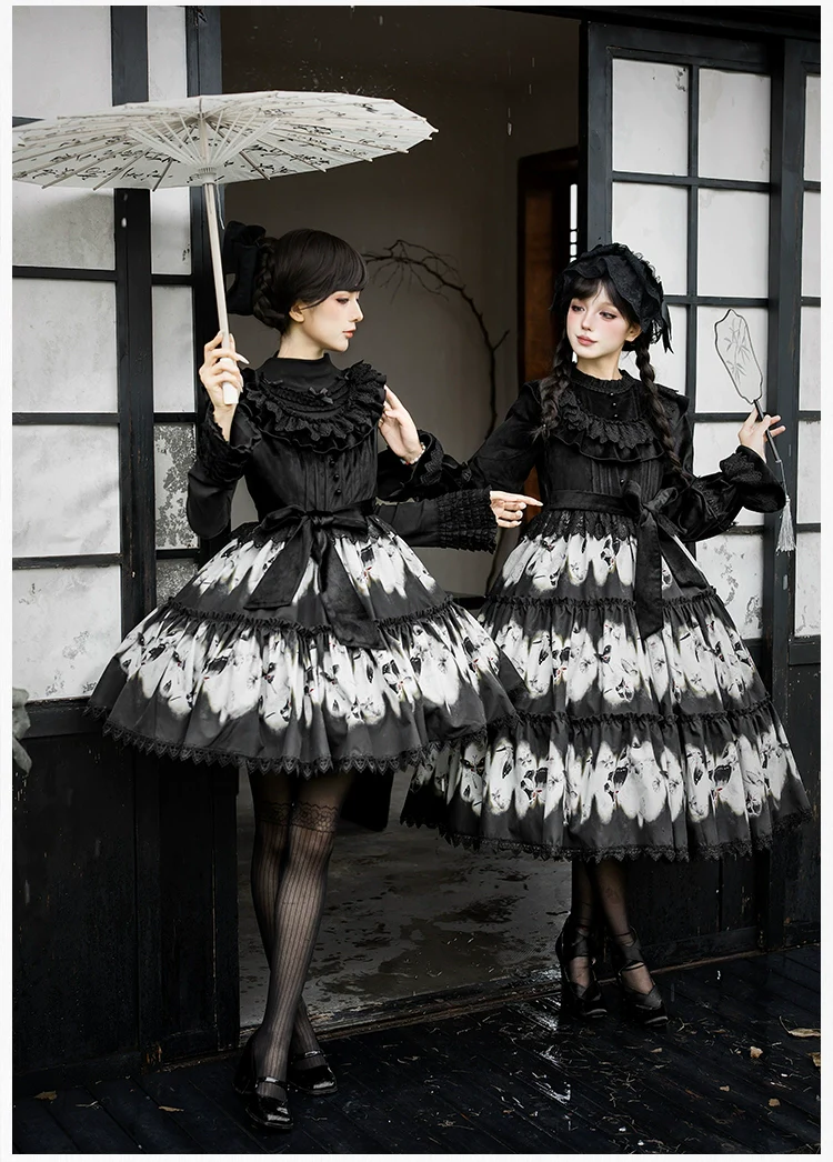 With PUJI - Dead Leaf Butterfly - Gothic Lolita JSK & OP Dress Set, Butterfly Print - Image 3