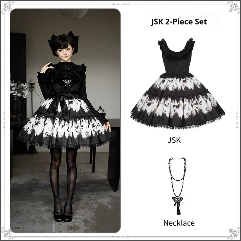 With PUJI - Dead Leaf Butterfly - Gothic Lolita JSK & OP Dress Set, Butterfly Print - Image 31