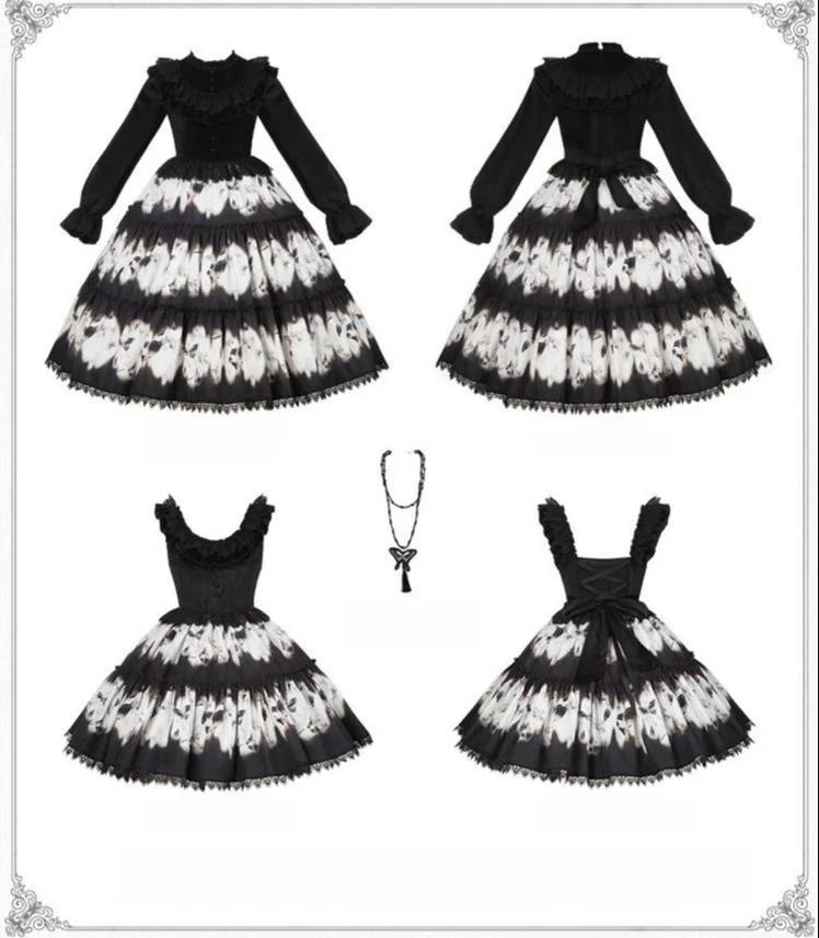 With PUJI - Dead Leaf Butterfly - Gothic Lolita JSK & OP Dress Set, Butterfly Print - Image 32