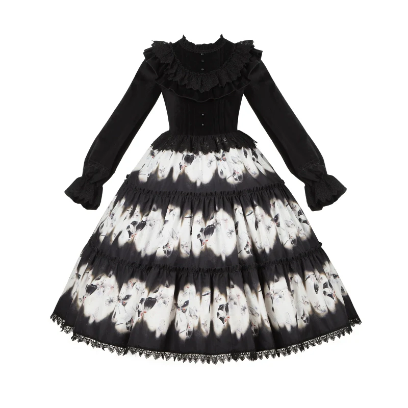 With PUJI - Dead Leaf Butterfly - Gothic Lolita JSK & OP Dress Set, Butterfly Print - Image 33