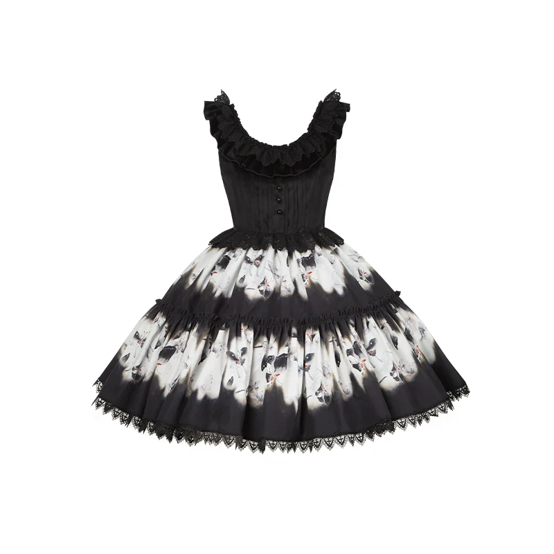 With PUJI - Dead Leaf Butterfly - Gothic Lolita JSK & OP Dress Set, Butterfly Print - Image 34
