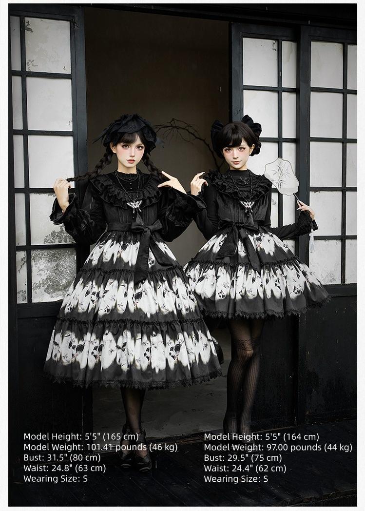 With PUJI - Dead Leaf Butterfly - Gothic Lolita JSK & OP Dress Set, Butterfly Print - Image 4