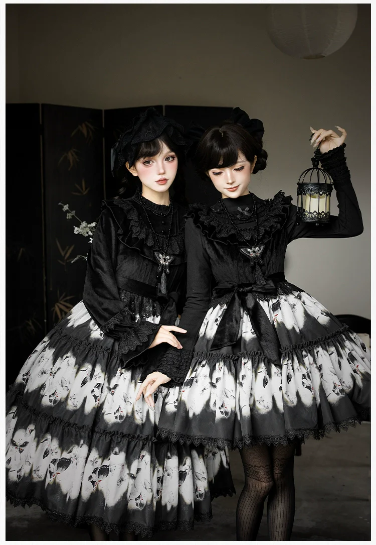 With PUJI - Dead Leaf Butterfly - Gothic Lolita JSK & OP Dress Set, Butterfly Print - Image 5