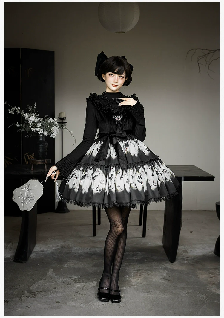 With PUJI - Dead Leaf Butterfly - Gothic Lolita JSK & OP Dress Set, Butterfly Print - Image 6
