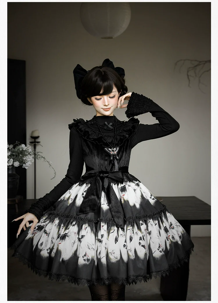 With PUJI - Dead Leaf Butterfly - Gothic Lolita JSK & OP Dress Set, Butterfly Print - Image 7