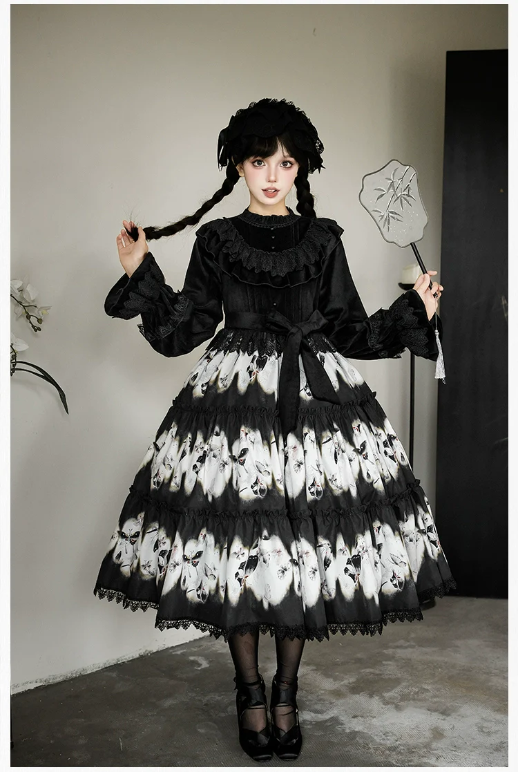 With PUJI - Dead Leaf Butterfly - Gothic Lolita JSK & OP Dress Set, Butterfly Print - Image 8