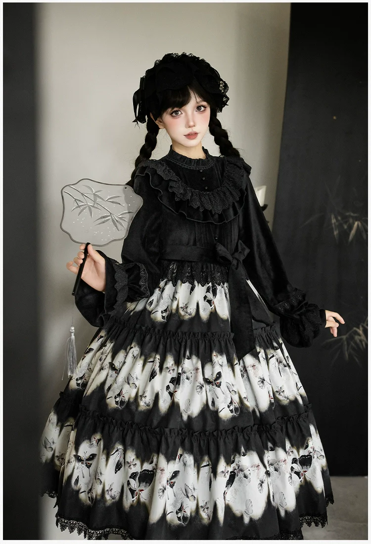 With PUJI - Dead Leaf Butterfly - Gothic Lolita JSK & OP Dress Set, Butterfly Print - Image 9