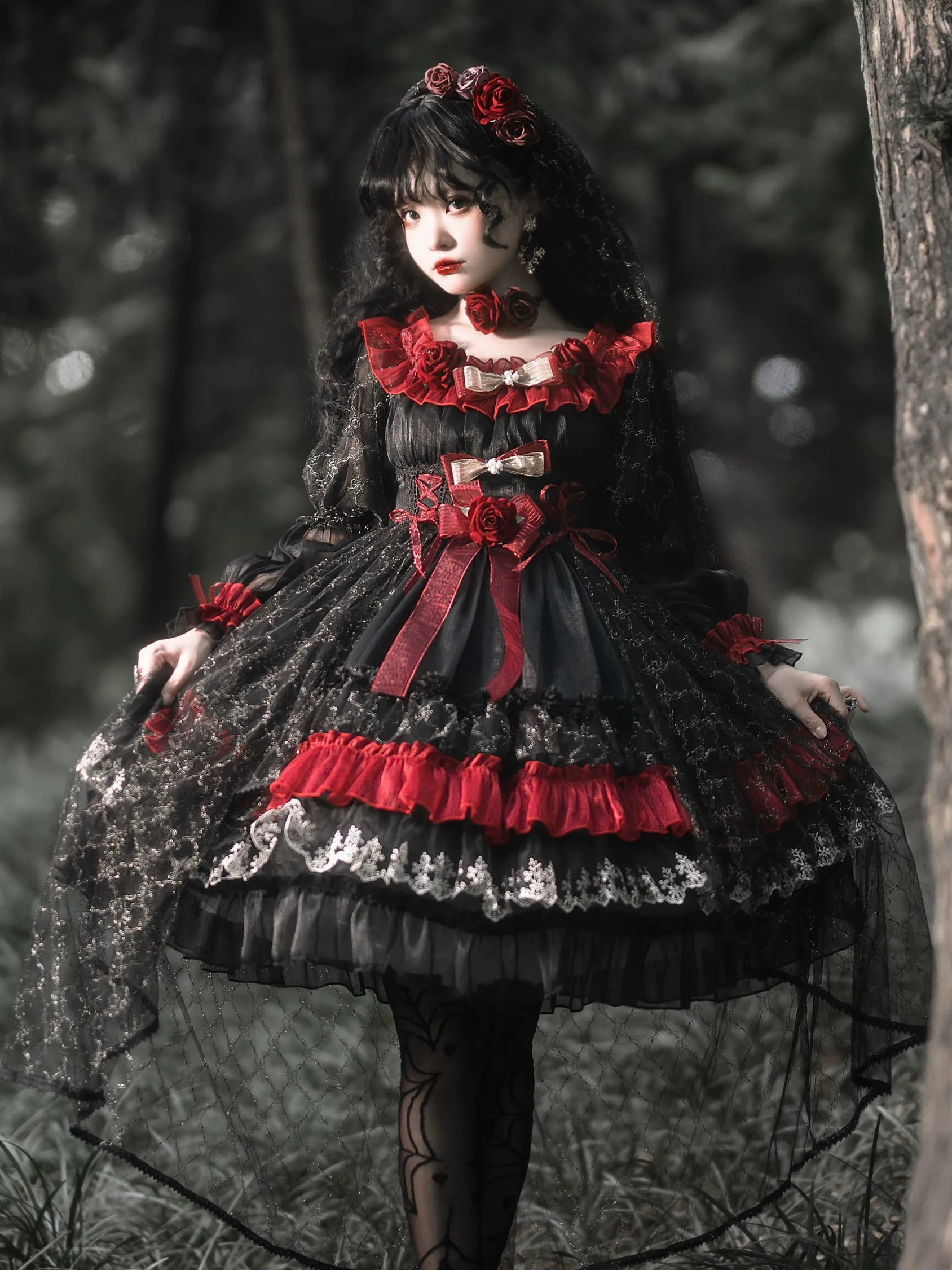 Night of Berea - Gothic Lolita OP Black and Red Lolita Dress