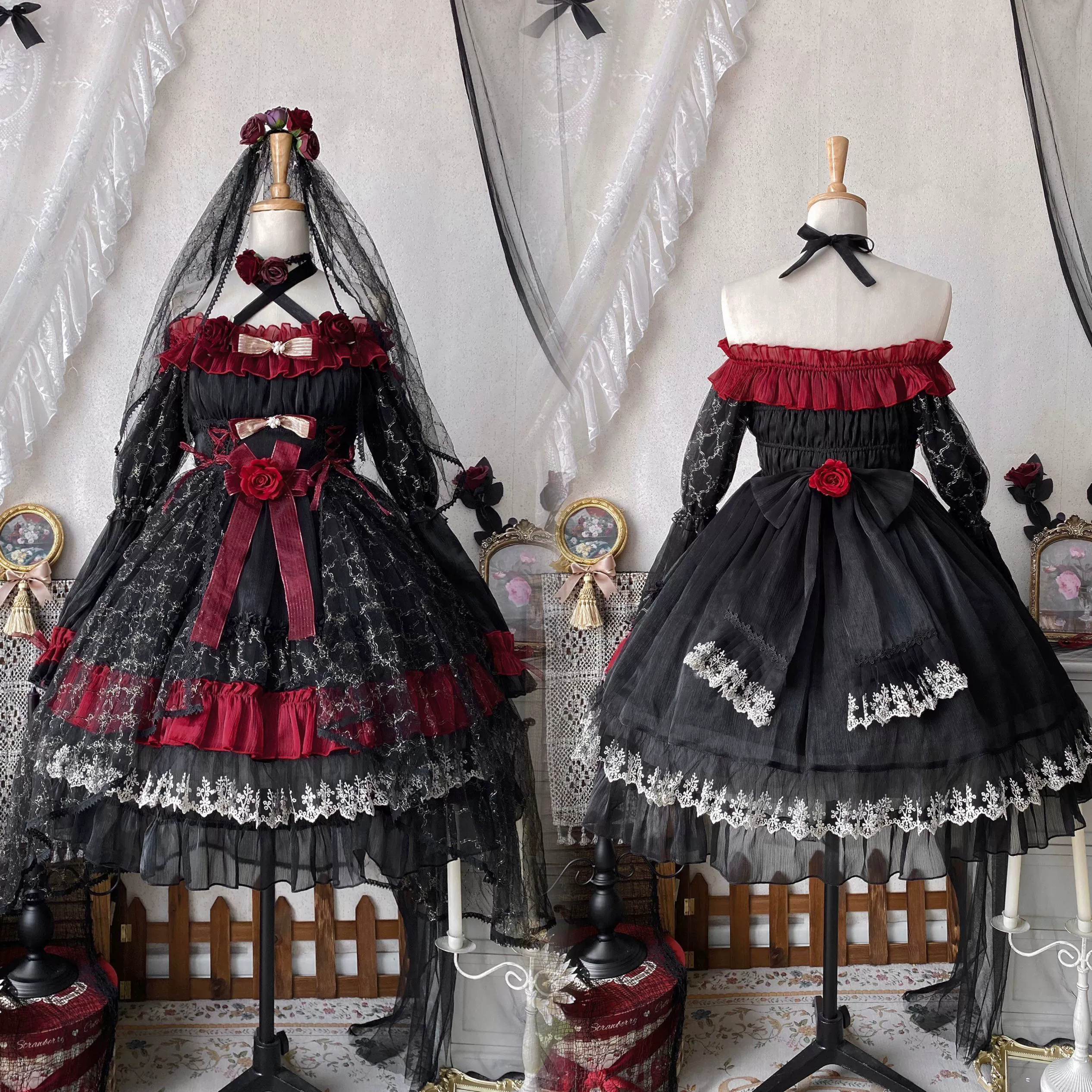 Night of Berea - Gothic Lolita OP Black and Red Lolita Dress - Image 21