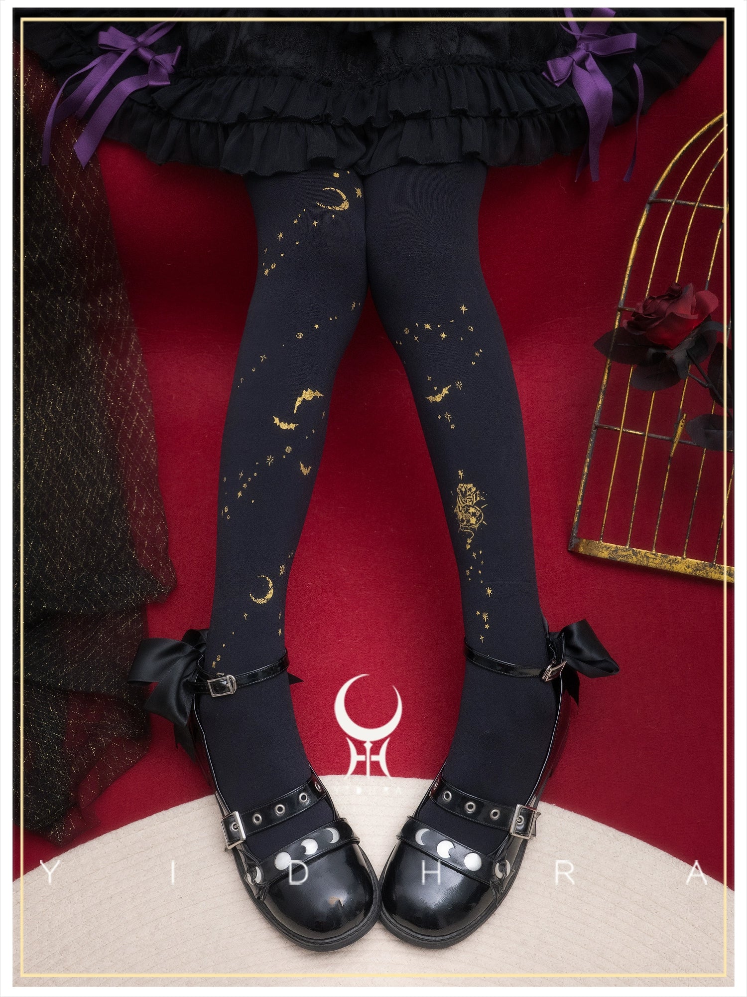 Gothic Lolita Pantyhose, Gold Stars & Moon Pattern - Image 3