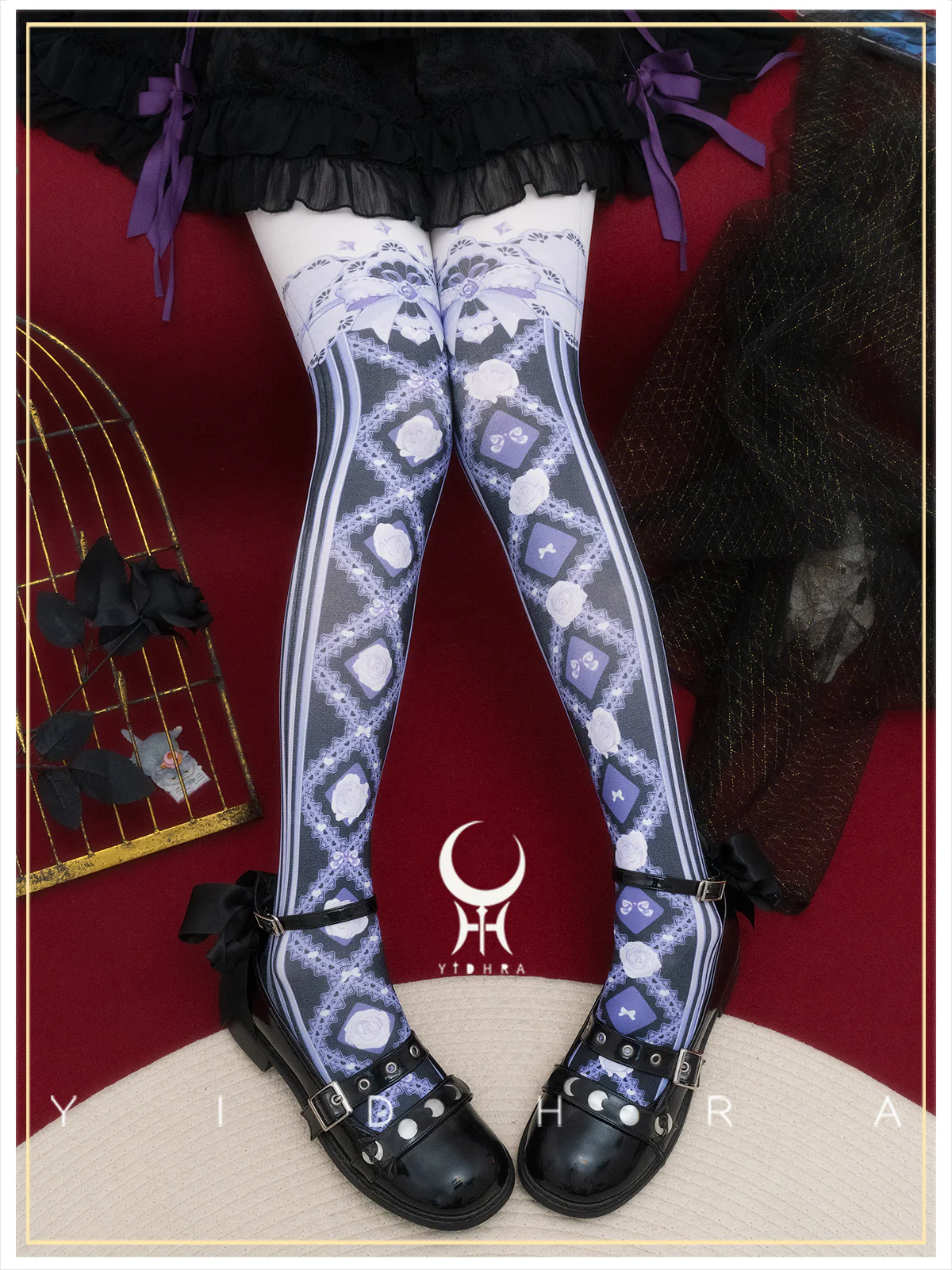 Yidhra - Sweet Entanglement - Gothic Lolita Pantyhose with Floral Prints - Image 2